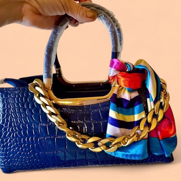 Handbags - BRAND NEW 1 Of A Kind Navy Blue Croc-Embossed Handbag with Gold Chain